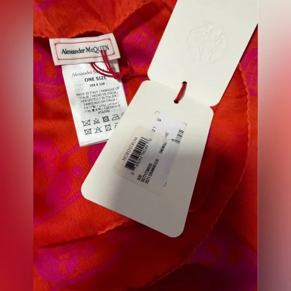 Authentic NEW Alexander McQueen Skull Motif Silk Scarf Bright Orange & Pink - Picture 7 of 9